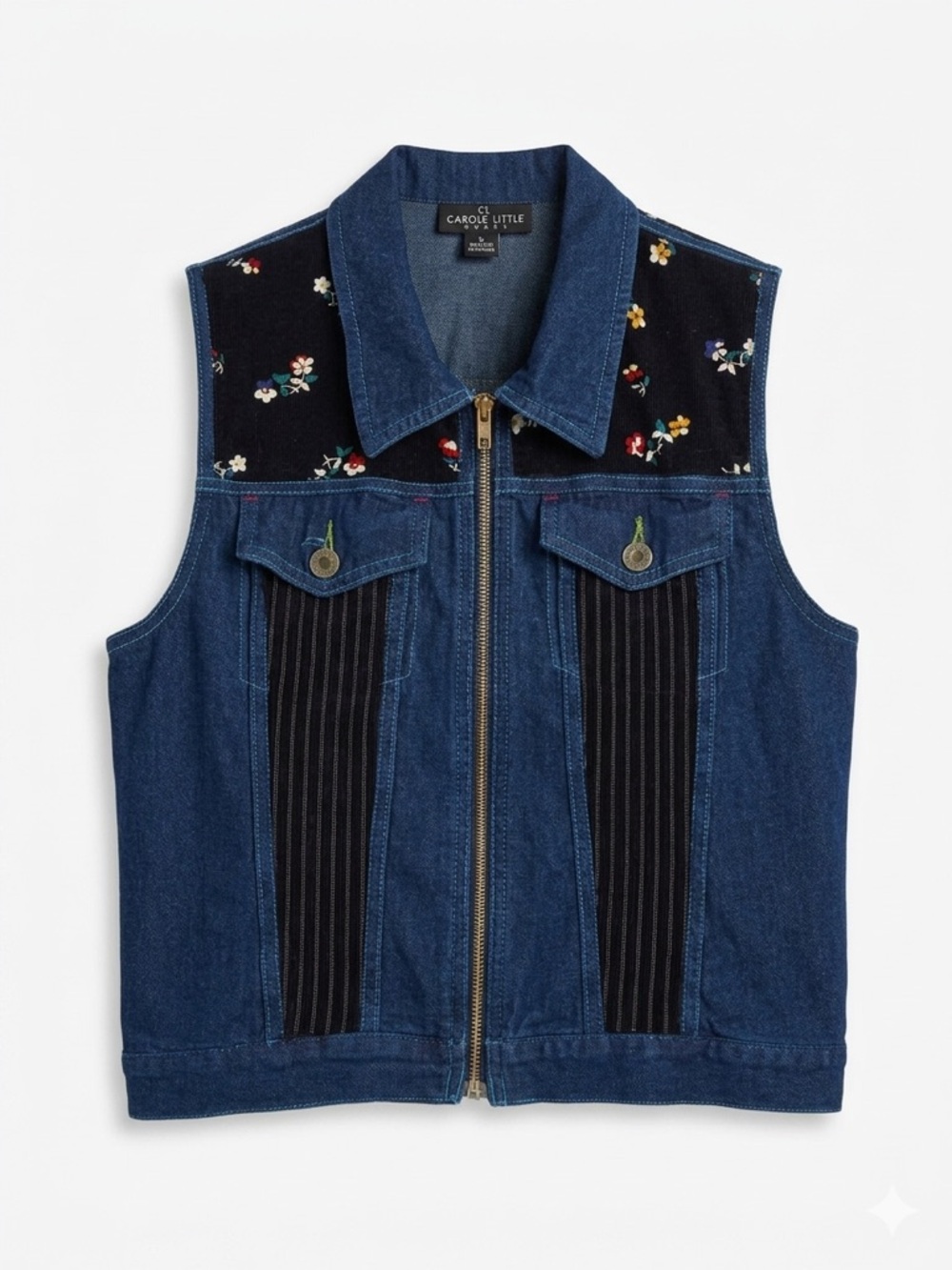 Vintage Carole Little Sport Denim Zip-Up Vest Floral/ Striped Whimsy Cottagecore